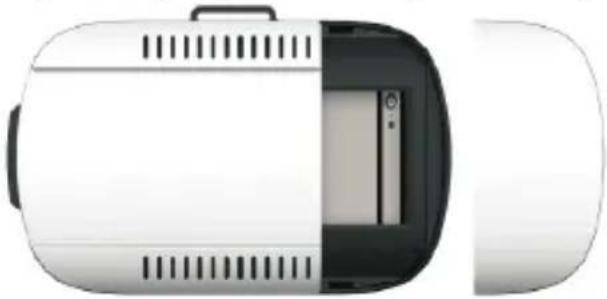 Top-down view of a white and black VR headset with ventilation slots and a small screen (no text or symbols visible)