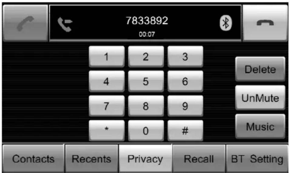 7833892 00:07 1 2 3 4 5 6 7 8 9 * 0 # Contacts Recents Privacy Recall BT Setting