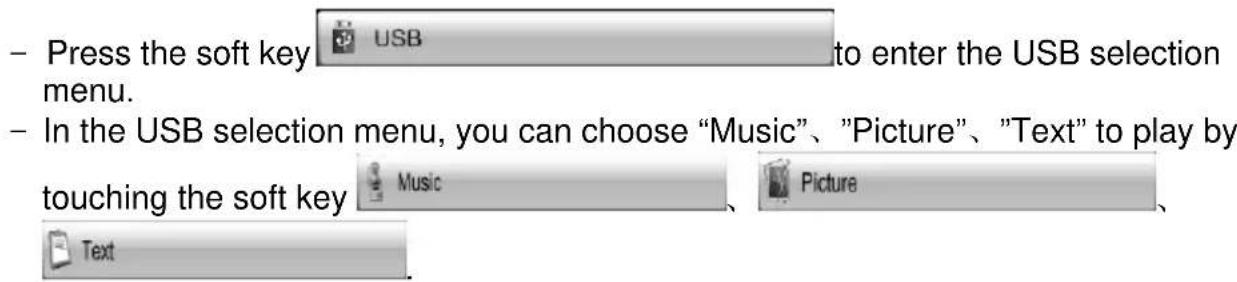 - Press the soft key USB to enter the USB selection menu. - In the USB selection menu, you can choose "Music"、"Picture"、"Text" to play by touching the soft key Music Picture