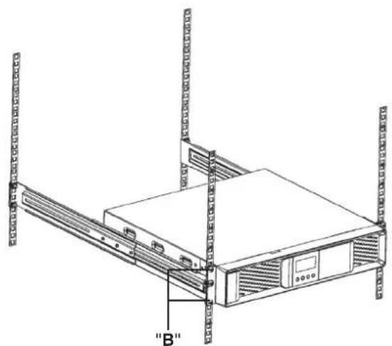 Technical line drawing of a server rack unit with labeled component "B" (no text or symbols beyond label)