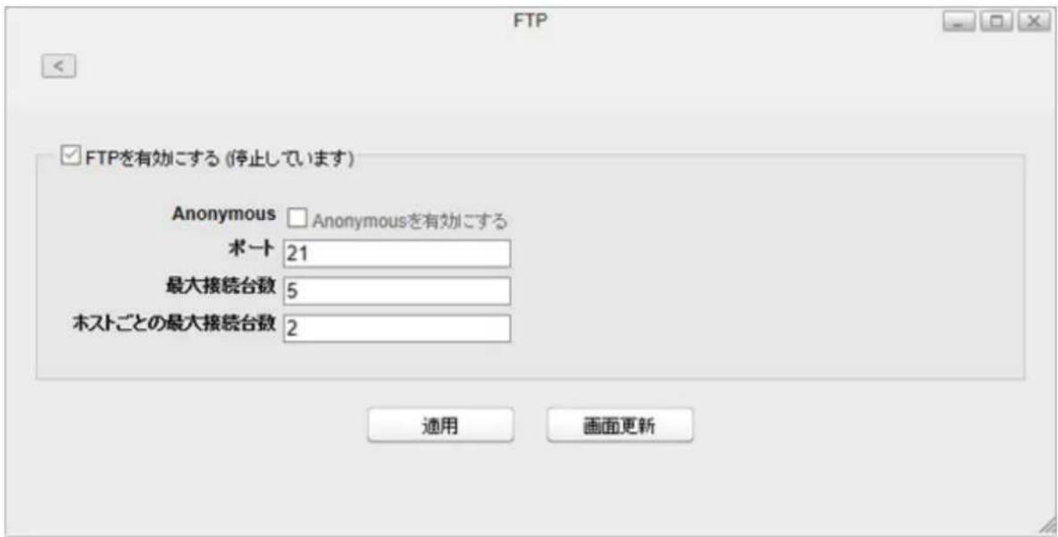 FTP FTPを有効にする (停止しています) Anonymous □ Anonymousを有効にする ポート 21 最大接続台数 5 ホストごとの最大接続台数 2 通用 画面更新