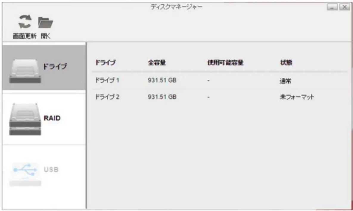 ディスクマネージャー 画面更新 開く ドライブ ドライブ 1 ドライブ 2 USB 全容量 931.51 GB 931.51 GB 使用可能容量 - - - - - - - - - - - - - - - - - - - - - - - - - - - - - - - - - - - - - - - - - - - - - - - - - - -