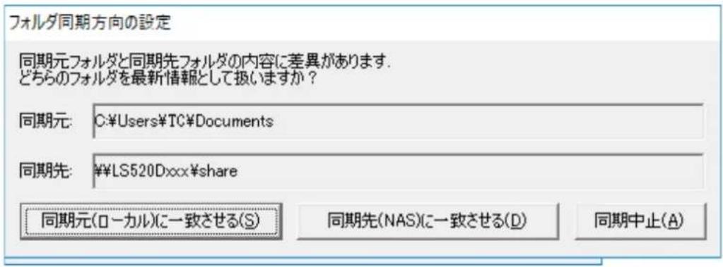 フォルダ同期方向の設定 同期元フォルダと同期先フォルダの内容に差異があります. どちらのフォルダを最新情報として扱いますか? 同期元: C:\Users\TC\Documents 同期先: ₩\LS520Dxxx\share 同期元(ローカル)に一致させる(S) 同期先(NAS)に一致させる(D) 同期中止(A)