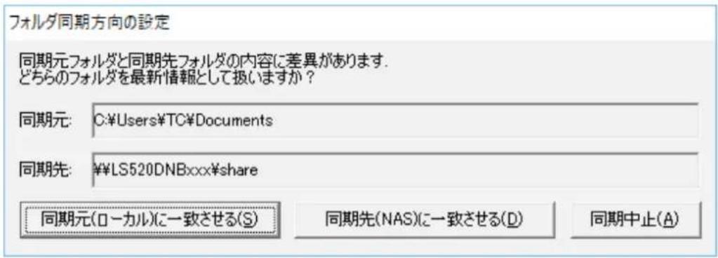 フォルダ同期方向の設定 同期元フォルダと同期先フォルダの内容に差異があります. どちらのフォルダを最新情報として扱いますか? 同期元: C:\Users\TC\Documents 同期先: ¥LS520DNBxxx$share 同期元(ローカル)に一致させる(S) 同期先(NAS)に一致させる(D) 同期中止(A)
