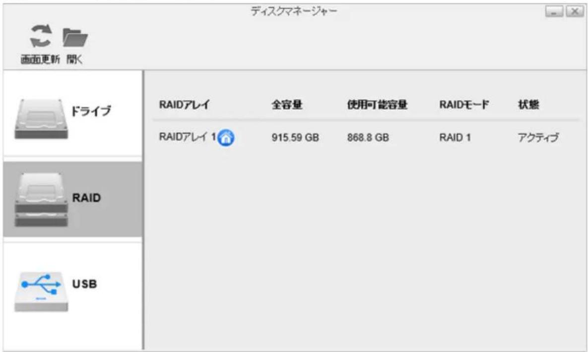 ディスクマネージャー 画面更新 閲く ドライブ RAIDアレイ 全容量 使用可能容量 RAIDモード 状態 RAIDアレイ 1 915.59 GB 868.8 GB RAID 1 アクティブ RAID USB