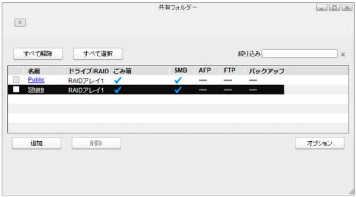 共有フォルダー すべて解除 すべて選択 絞り込み 名前 ドライブ/RAID ごみ箱 SMB AFP FTP バックアップ Public RAIDアレイ1 ✓ ✓ — — — Share RAIDアレイ1 ✓ ✓ — — — 追加 削除 オプション