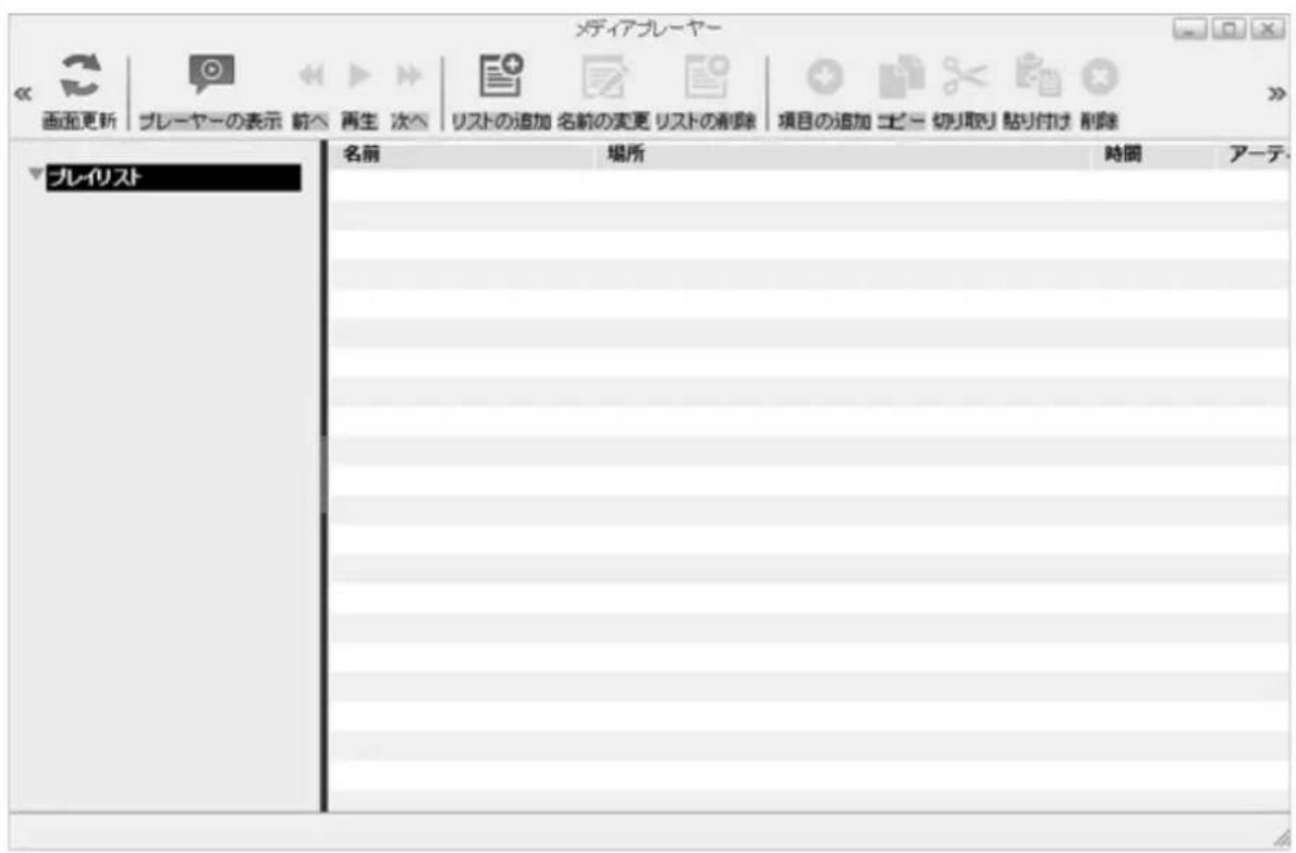 メディアプレーヤー 画面更新 プレーヤーの表示 前 再生 次 リストの追加 名前の実更 リストの削除 項目の追加 コピー 切り取り 貼り付け 削除 プレリスト 名前 場所 時間 アーテ