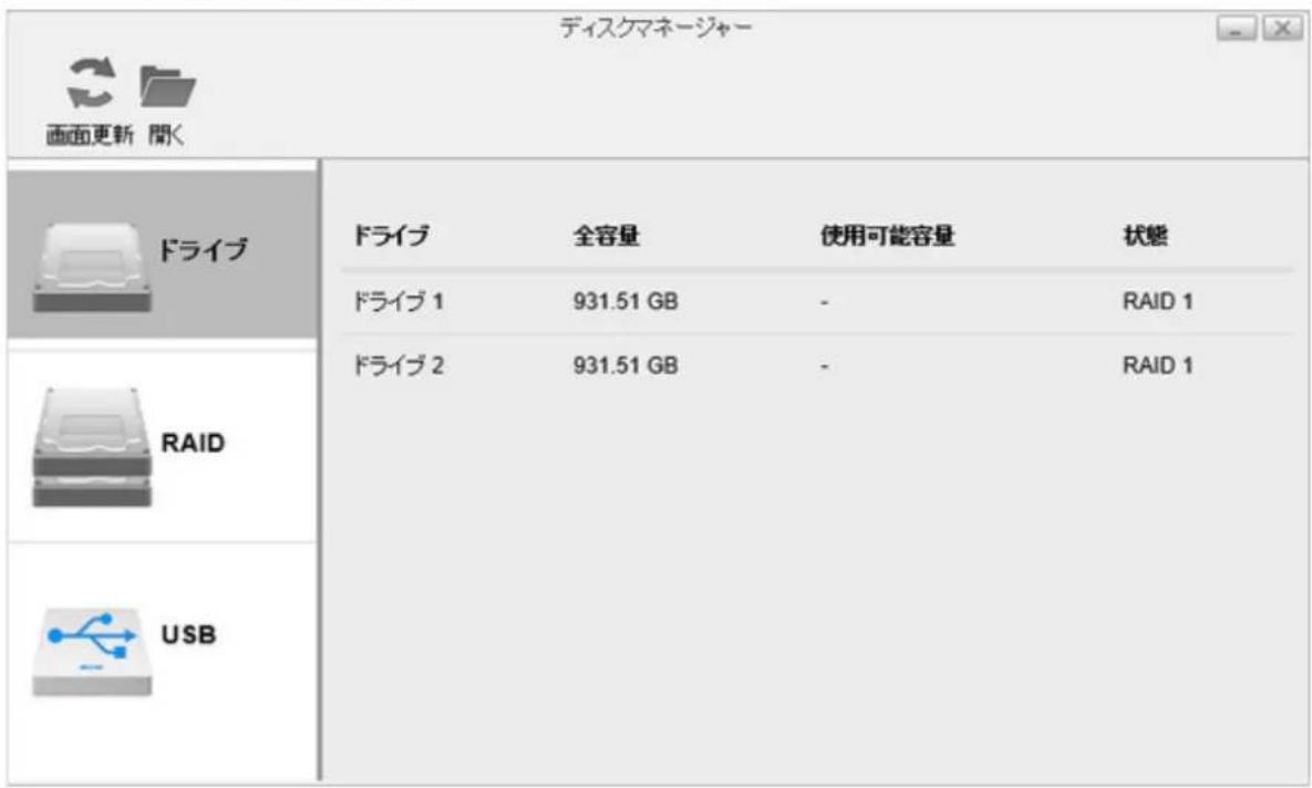 ディスクマネージャー 画面更新 開く ドライブ ドライブ 1 ドライブ 2 RAID USB