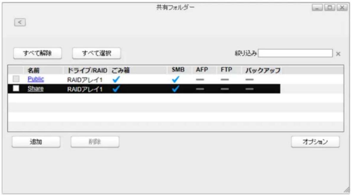 共有フォルダー すべて解除 すべて選択 絞り込み 名前 ドライブ/RAID ごみ箱 SMB AFP FTP バックアップ Public RAIDアレイ1 ✓ ✓ — — — Share RAIDアレイ1 ✓ ✓ — — — 追加 削除 オプション