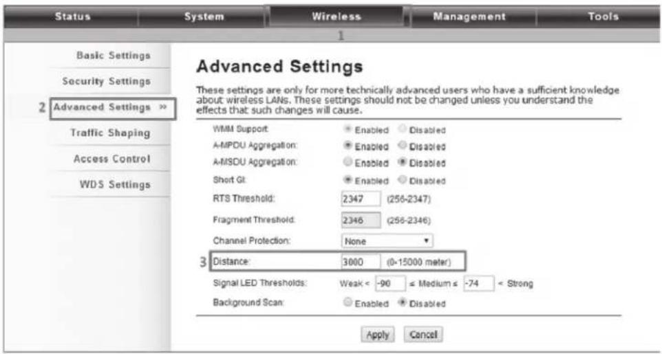 Status System Wireless Management Tools 1 Basic Settings Security Settings 2 Advanced Settings >> Traffic Shaping Access Control WDS Settings Advanced Settings These settings are only for more technically advanced users who have a sufficient knowledge about wireless LANs. These settings should not be changed unless you understand the effects that such changes will cause. WMM Support: Enabled Disabled A-MPDU Aggregation: Enabled Disabled A-MSDU Aggregation: Enabled Disabled Short Gl: Enabled Disabled RTS Threshold: 2347 (256-2347) Fragment Threshold: 2346 (256-2346) Channel Protection: None 3 Distance: 3000 (0-15000 meter) Signal LED Thresholds: Weak < -90 ≤ Medium ≤ -74 < Strong Background Scan: Enabled Disabled Apply Cancel