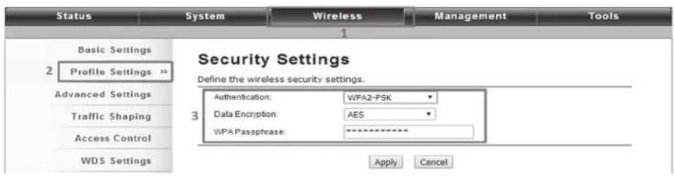 Status System Wireless Management Tools 1 Basic Settings Profile Settings Advanced Settings Traffic Shaping Access Control WDS Settings Security Settings Define the wireless security settings. Authentication: WPA2-PSK Data Encryption: AES WPA Passphrase: ****** Apply Cancel