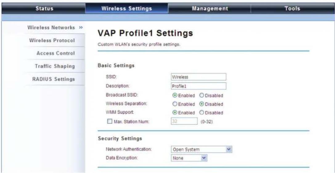 Status Wireless Settings Management Tools Wireless Networks >> Wireless Protocol Access Control Traffic Shaping RADIUS Settings VAP Profile1 Settings Custom WLAN's security profile settings. Basic Settings SSID: Wireless Description: Profile1 Broadcast SSID: Enabled Disabled Wireless Separation: Enabled Disabled WMM Support: Enabled Disabled Max. Station Num: 32 (0-32) Security Settings Network Authentication: Open System Data Encryption: None