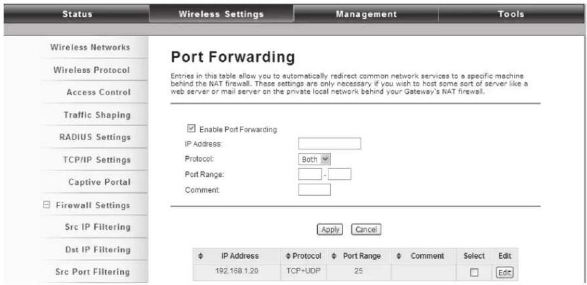 Status Wireless Settings Management Tools Wireless Networks Wireless Protocol Access Control Traffic Shaping RADIUS Settings TCP/IP Settings Captive Portal Firewall Settings Src IP Filtering Dst IP Filtering Src Port Filtering Port Forwarding Entries in this table allow you to automatically redirect common network services to a specific machine behind the NAT firewall. These settings are only necessary if you wish to host some sort of server like a web server or mail server on the private local network behind your Gateway's NAT firewall. Enable Port Forwarding IP Address: Protocol: Both Port Range: - Comment: Apply Cancel IP Address Protocol Port Range Comment Select Edit 192.168.1.20 TCP+UDP 25 Edit