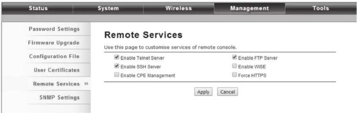 Status Password Settings Firmware Upgrade Configuration File User Certificates Remote Services >> SNMP Settings Remote Services Use this page to customise services of remote console. ✓ Enable Telnet Server ✓ Enable SSH Server □ Enable CPE Management ✓ Enable FTP Server □ Enable WISE □ Force HTTPS Apply Cancel