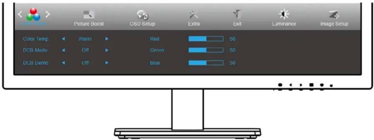 Picture Boost OSD Setup Extra Exit Luminance Image Setup Color Temp Warm Red 50 DCB Mode Off Green 50 DCB Demo Off Blue 50