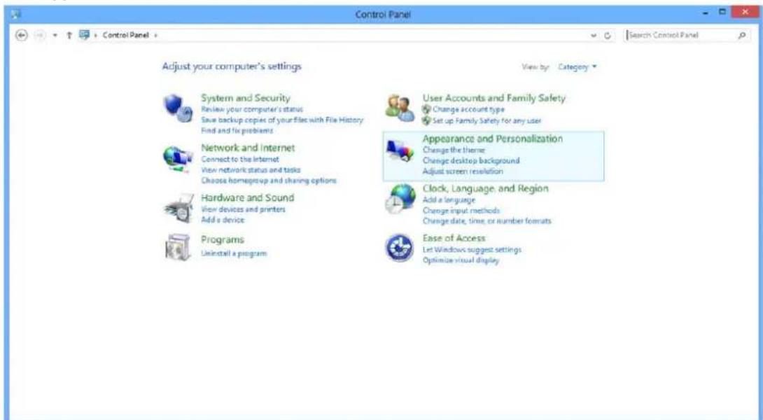 Control Panel Adjust your computer's settings View by Category System and Security Review your computer's status Save backup copies of your files with File History Find and fix problems Network and Internet Connect to the Internet View network status and tasks Choose homegroup and sharing options Hardware and Sound View devices and printers Add a device Programs Uninstall a program User Accounts and Family Safety Change account type Set up Family Safety for any user Appearance and Personalization Change the theme Change desktop background Adjust screen resolution Clock, Language, and Region Add a language Change input methods Change date, time, or number formats Ease of Access Let Windows suggest settings Optimize virtual display