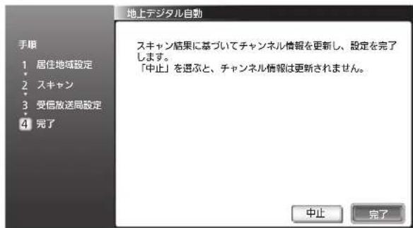 地上デジタル自動 手順 1 居住地域設定 2 スキャン 3 受信放送局設定 4 完了 スキャン結果に基づいてチャンネル情報を更新し、設定を完了します。 「中止」を選ぶと、チャンネル情報は更新されません。 中止 完了