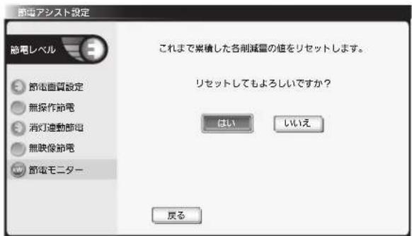 節電アシスト設定 節電レベル 節電直覧設定 無操作節電 消灯連動節電 無映像節電 WJ 節電モニター これまで累積した各削減量の値をリセットします。 リセットしてもよろしいですか? はい いいえ 戻る