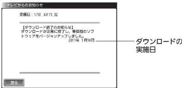 テレビからのお知らせ 受信日:1/10 AN11:32 【ダウンロード親子のお知らせ】 ダウンロードが正常に終了し、受信機のソフトウェアをバージョンアップしました。 2011年 1月10日 ダウンロードの実施日 戻る