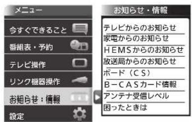 メニュー 今すぐできること 番組表・予約 テレビ操作 リンク機器操作 お知らせ:情報 設定 お知らせ・情報 テレビからのお知らせ 家電からのお知らせ HEMSからのお知らせ 放送局からのお知らせ ボード(CS) B-CASカード情報 アンテナ受信レベル 困ったときは