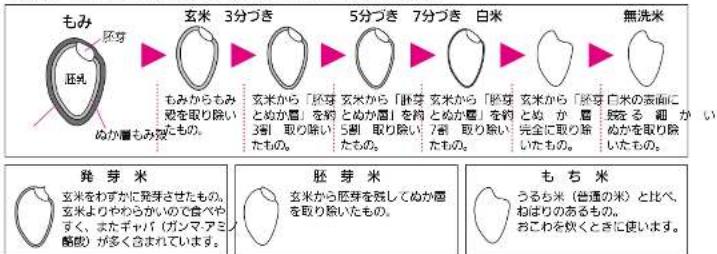 もみ 胚芽 ぬか曇もみ 玄米 3分づき もみからもみ 穀を取り除いたもの。 玄米から「胚芽 とぬか曇」を約 3割取り除いたもの。 5分づき 7分づき 白米 玄米から「胚芽 とぬか曇」を約 5割取り除いたもの。 玄米から「胚芽 とぬか曇」を約 7割取り除いたもの。 玄米から「胚芽 とぬか曇」を約 完全に取り除いたもの。 発芽米 玄米をわずかに発芽させたもの。 玄米よりやらかいので食べやすく、またギャバ(ガンマアミ 酪歳)が多く含まれています。 胚芽米 玄米から胚芽を残してぬか曇を取り除いたもの。 もち米 うるち米(普通の米)と比べ、ねばりのあるもの。 おこわを焼くときに使います。