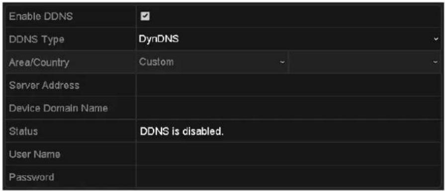 Enable DDNS DDNS Type DynDNS Area/Country Custom Server Address Device Domain Name Status DDNS is disabled. User Name Password