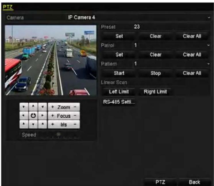 PTZ Camera IP Camera 4 Preset 23 Set Clear Clear All Patrol 1 Set Clear Clear All Pattern 1 Start Stop Clear All Linear Scan Left Limit Right Limit RS-465 Setti... Speed + Zoom - + Focus - + Iris - PTZ Back