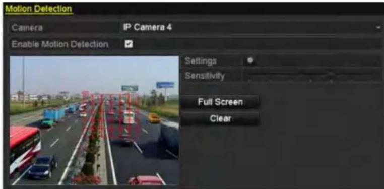 Motion Detection Camera IP Camera 4 Enable Motion Detection Settings Sensitivity Full Screen Clear