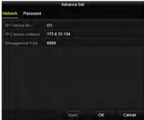 Advance Set Network Password IP Camera No. D3 IP Camera Address 172.6.23.124 Management Port 8000 Apply OK Cancel