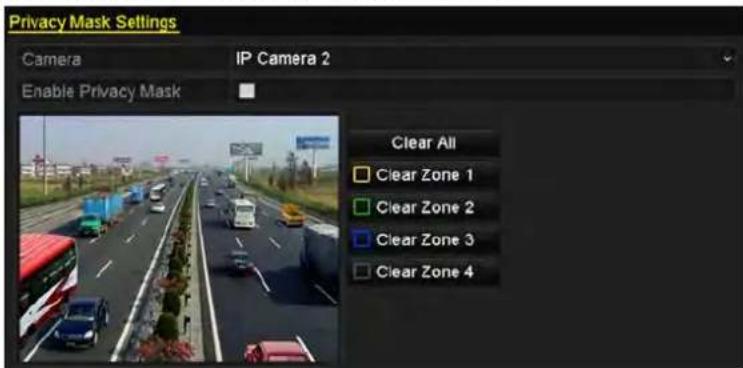 Privacy Mask Settings Camera IP Camera 2 Enable Privacy Mask Clear All Clear Zone 1 Clear Zone 2 Clear Zone 3 Clear Zone 4