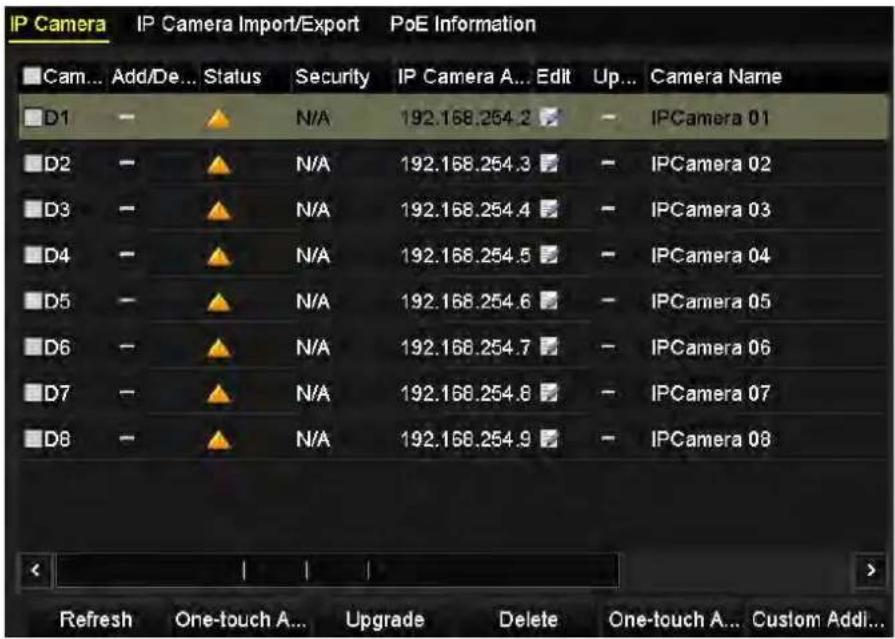 IP Camera IP Camera Import/Export PoE Information Cam... Add/De... Status Security IP Camera A... Edit Up... Camera Name D1 - N/A 192.168.254.2 - IPCamera 01 D2 - N/A 192.168.254.3 - IPCamera 02 D3 - N/A 192.168.254.4 - IPCamera 03 D4 - N/A 192.168.254.5 - IPCamera 04 D5 - N/A 192.168.254.6 - IPCame…