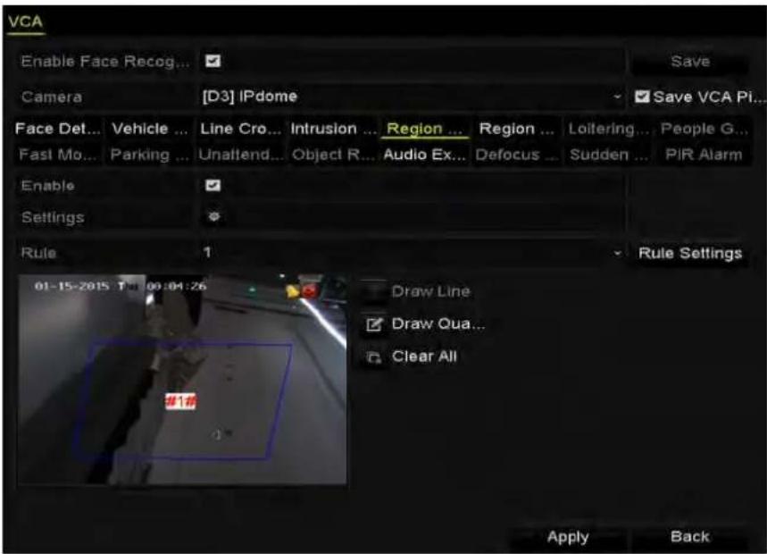 VCA Enable Face Recogn... Save Camera [D3] IPdome Save VCA PI... Face Det... Vehicle ... Line Cro... Intrusion ... Region ... Region ... Loitering... People G... Fast Mo... Parking ... Unattend... Object R... Audio Ex... Defocus ... Sudden ... PIR Alarm Enable Settings Rule 1 Rule Settings 01-15-201…