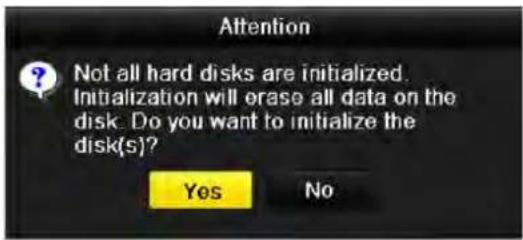 Attention ? Not all hard disks are initialized. Initialization will erase all data on the disk. Do you want to initialize the disk(s)? Yes No