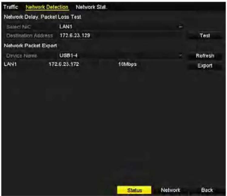 Traffic Network Detection Network Stat. Network Delay. Packet Loss Test Select NIC LAN1 Destination Address 172.6.23.129 Test Network Packet Export Device Name USB1-4 Refresh LAN1 172.6.23.172 16Mbps Export Status Network Back