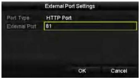 External Port Settings Port Type HTTP Port External Port 81 OK Cancel
