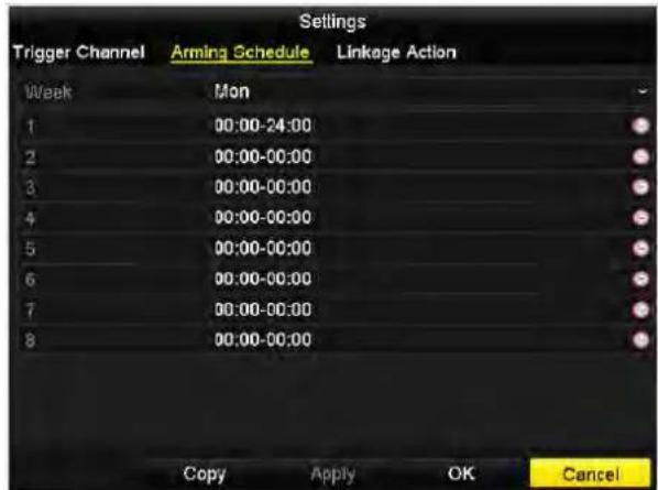 Settings Trigger Channel Arming Schedule Linkage Action Week Mon 1 00:00-24:00 2 00:00-00:00 3 00:00-00:00 4 00:00-00:00 5 00:00-00:00 6 00:00-00:00 7 00:00-00:00 8 00:00-00:00 Copy Apply OK Cancel