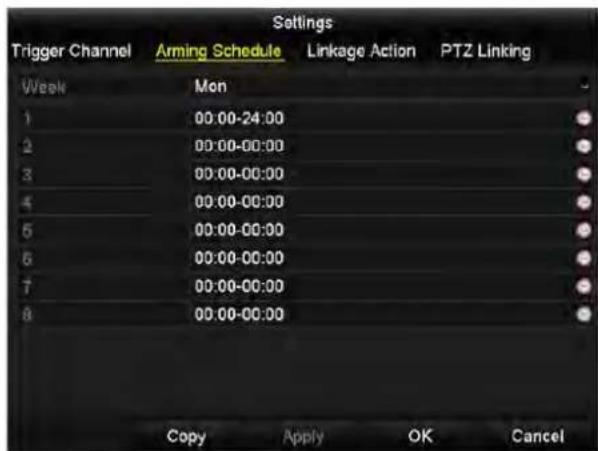 Settings Trigger Channel Arming Schedule Linkage Action PTZ Linking Week Mon 1 00:00-24:00 2 00:00-00:00 3 00:00-00:00 4 00:00-00:00 5 00:00-00:00 6 00:00-00:00 7 00:00-00:00 8 00:00-00:00 Copy Apply OK Cancel