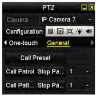 PTZ Camera IP Camera 7 Configuration One-touch General Call Preset Call Patrol Stop Pa... 1 Call Patt... Stop Pa... 1