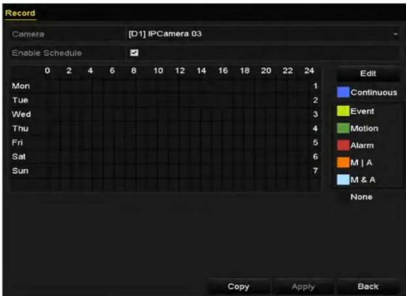 Record Camera [D1] IPCamera 03 Enable Schedule 0 2 4 6 8 10 12 14 16 18 20 22 24 Mon Tue Wed Thu Fri Sat Sun Edit Continuous Event Motion Alarm M | A M & A None Copy Apply Back