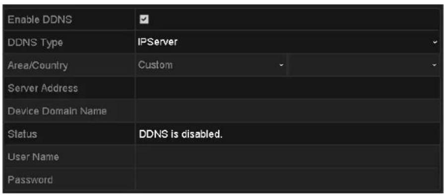 Enable DDNS DDNS Type IPServer Area/Country Custom Server Address Device Domain Name Status DDNS is disabled. User Name Password
