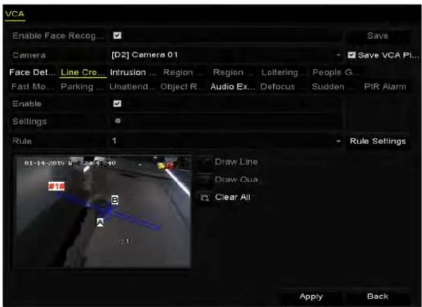 VCA Enable Face Recog... Save Camera [D2] Camera 01 Save VCA PI... Face Det... Line Cro... Intrusion ... Region ... Region ... Loltering ... People G... Fast Mo... Parking ... Unattend ... Object R... Audio Ex... Defocus ... Sudden ... PIR Alarm Enable Settings 5 Rule 1 Rule Settings 01-14-2015 01:2…