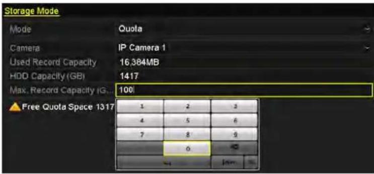 Storage Mode Mode Quota Camera.IP Camera 1 Used Record Capacity 16,384MB HDD Capacity (GB) 1417 Max. Record Capacity iG... 100l ▲ Free Quota Space 1317 1 2 3 4 5 6 7 8 9 6 4 Join