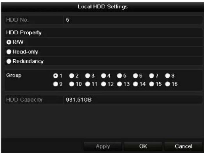 Local HDD Settings HDD No. 5 HDD Property ● R/W ● Read-only ● Redundancy Group 1 2 3 4 5 6 7 8 ● 9 10 11 12 13 14 15 16 HDD Capacity 931.51GB Apply OK Cancel