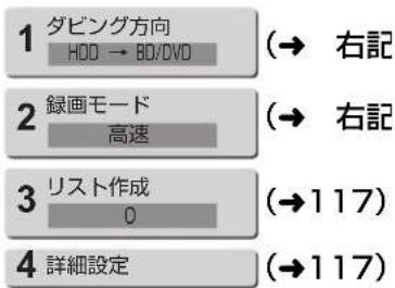 1 ダビング方向 HDD → BO/DVD (→ 右記) 2 録画モード 高速 (→ 右記) 3 リスト作成 0 (→ 117) 4 詳細設定 (→ 117)