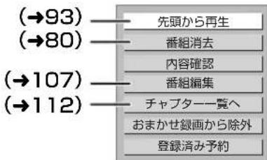 (→93) —— 先頭から再生 (→80) —— 番組消去 内容確認 (→107) —— 番組編集 (→112) —— チャブター一覧へ おまかせ録画から除外 登録済み予約
