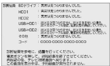 診断結果 BDドライブ : 現常は見つかわませんでした。 HDD1 : 現常は見つかわませんでした。 HDD2 : 現常は見つかわませんでした。 USB-HDD1 : 設断結果は見つめません。説明を許知しの場合は、 USB-HDD2 : 設断結果は見つめません。説明を許知しの場合は、 USB-HDD2 : 設断結果は見つめません。説明を許知しの場合は、 その他 : 現常は見つめません。 コード : 0000-0000-0000-0000 診断結果を参考に、処置を行ってください。 電波ボタンを押して、評価診断を終了させてください。 内起動の後、テレビ排曲画面へ取ります。 この曲面を表示中止。予測試曲が実行しませません。
