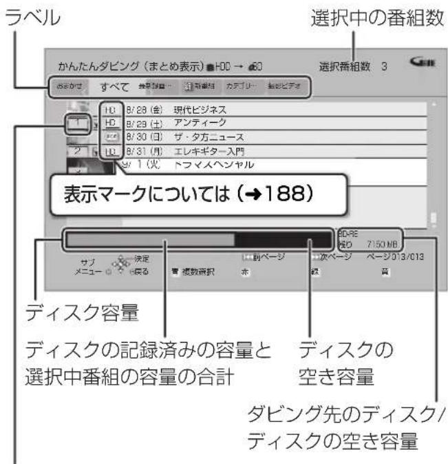 ラベル 選択中の番組数 かんたんダビング(まとめ表示)→ 60 選択番組数 3 1 B/28 (金) 現代ビジネス B/29 (土) アンティーク B/30 (日) ザ・タ方ニュース B/31 (月) エレキギター入門 サブ メニュー 0 ディスク容量 ディスクの記録済みの容量と 選択中番組の容量の合計 前ページ 複数音択 前ページ 次ページ ページ013/013 7:50 MB ディスクの空き容量 ダビング先のディスク/ ディスクの空き容量