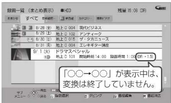 録画一覧(まとめ表示) HDD 残量 15:08 (DR) お来かせ すべて 取新経田… 新巻組 力テゴリ… 標観ビデオ B/2B (全) 地上 D 004 現代ビジネス B/29 (土) 地上 D 102 アンティーク B/30 (日) 地上 D 015 ザ・夕方ニュース B/31 (月) 地上 D 004 エレキギター講座 9/1 (火) ドラマスベシャル 10 地上 D 101 開始時刻 14:00 録画時間 1:00(DR +1.5) 「○○→○○」が表示中は、 変換は終了していません。