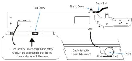 Red Screw Thumb Screw Cable End Once installed, use the top thumb screw to adjust the cable length until the red screw is aligned with the arrow. Cable Retraction Speed Adjustment VERT HORZ Slow Fast Knob