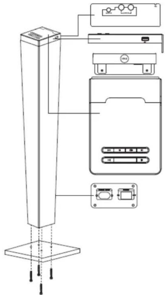 Technical diagram of a vertical-mounted device with labeled components and connections, including control panel, fan, and indicator lights.